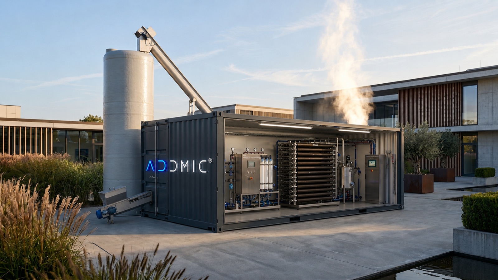 A BlueCube on a paved site: an open sea container holding the AdBlue® production line, with the urea silo standing beside it